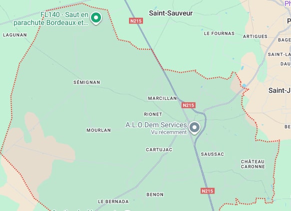Carte Gironde: Saut Parachute Bordeaux, Services & N215 Carte d'une zone rurale française avec la N215, forêts, et localisations. Points d'intérêt: "Saut en parachute Bordeaux" et "A.L.O.Dem Services".
